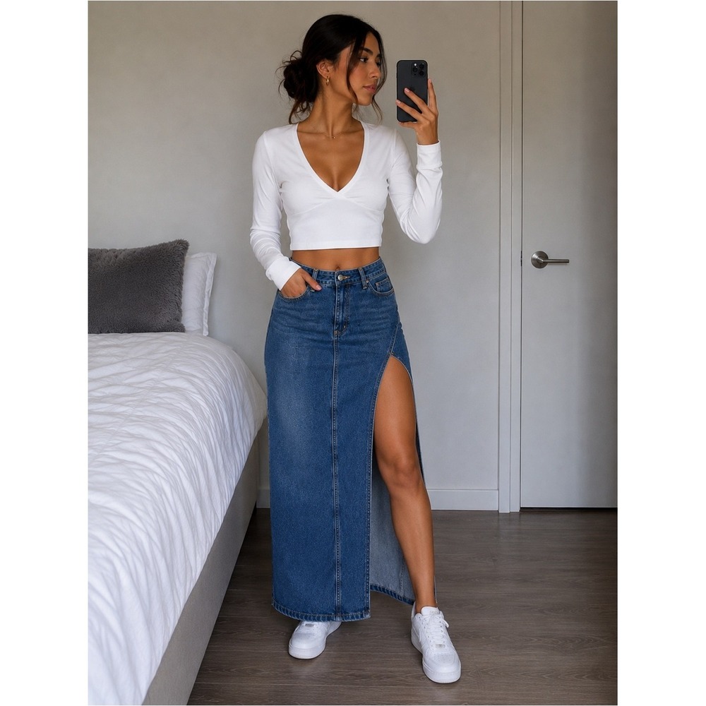Blue Denim Maxi Skirt High Waisted Two Tone Asymmetrical Slit Long Jean Skirt